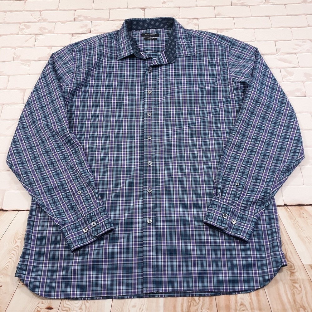 BUGATCHI Performance Stretch Shirt Classic Fit Long Sleeve Mens XL Navy Purple